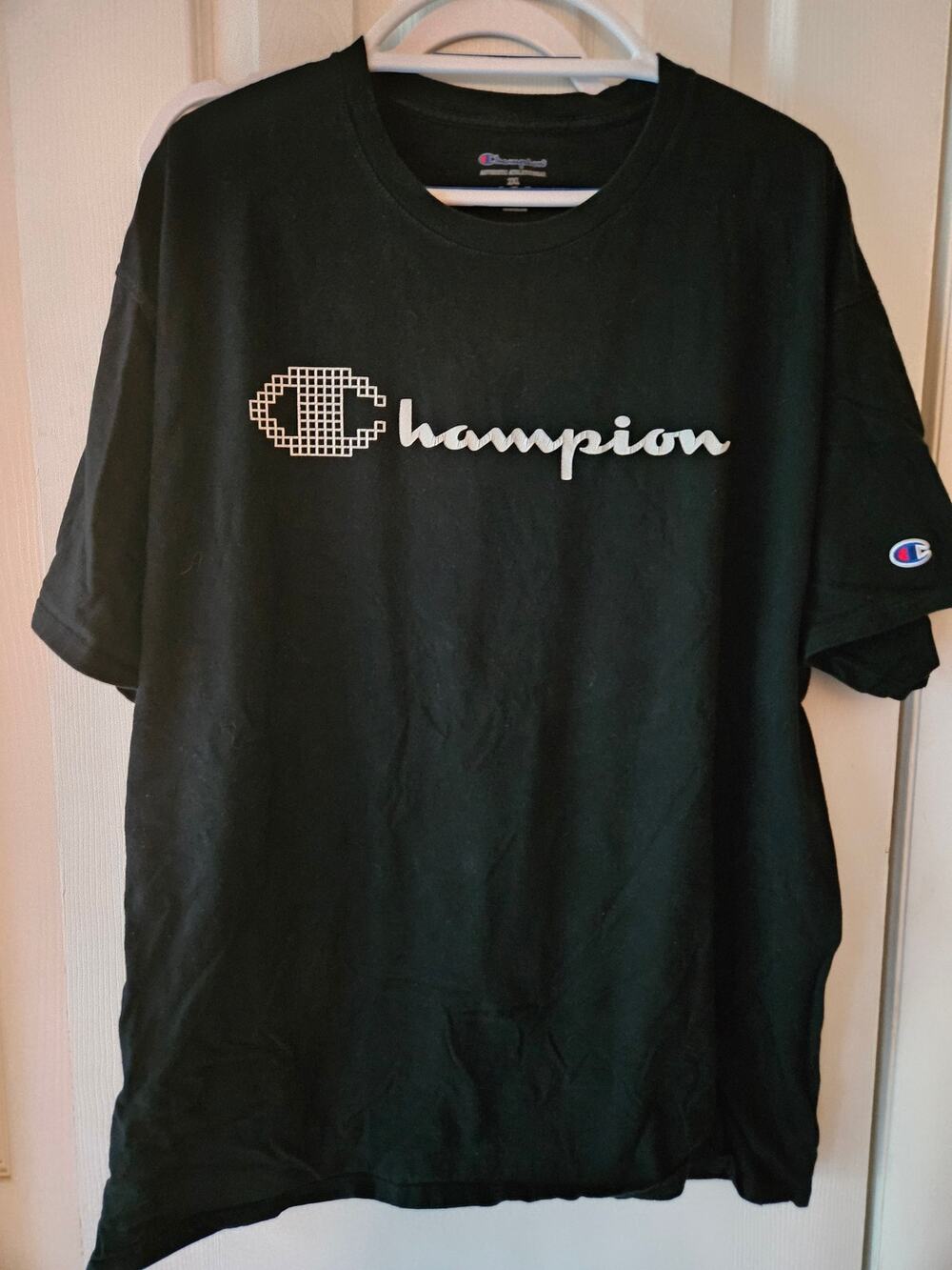 Champion Men’s 2XL Black Pixel Logo Graphic T Shirt White Script XXL